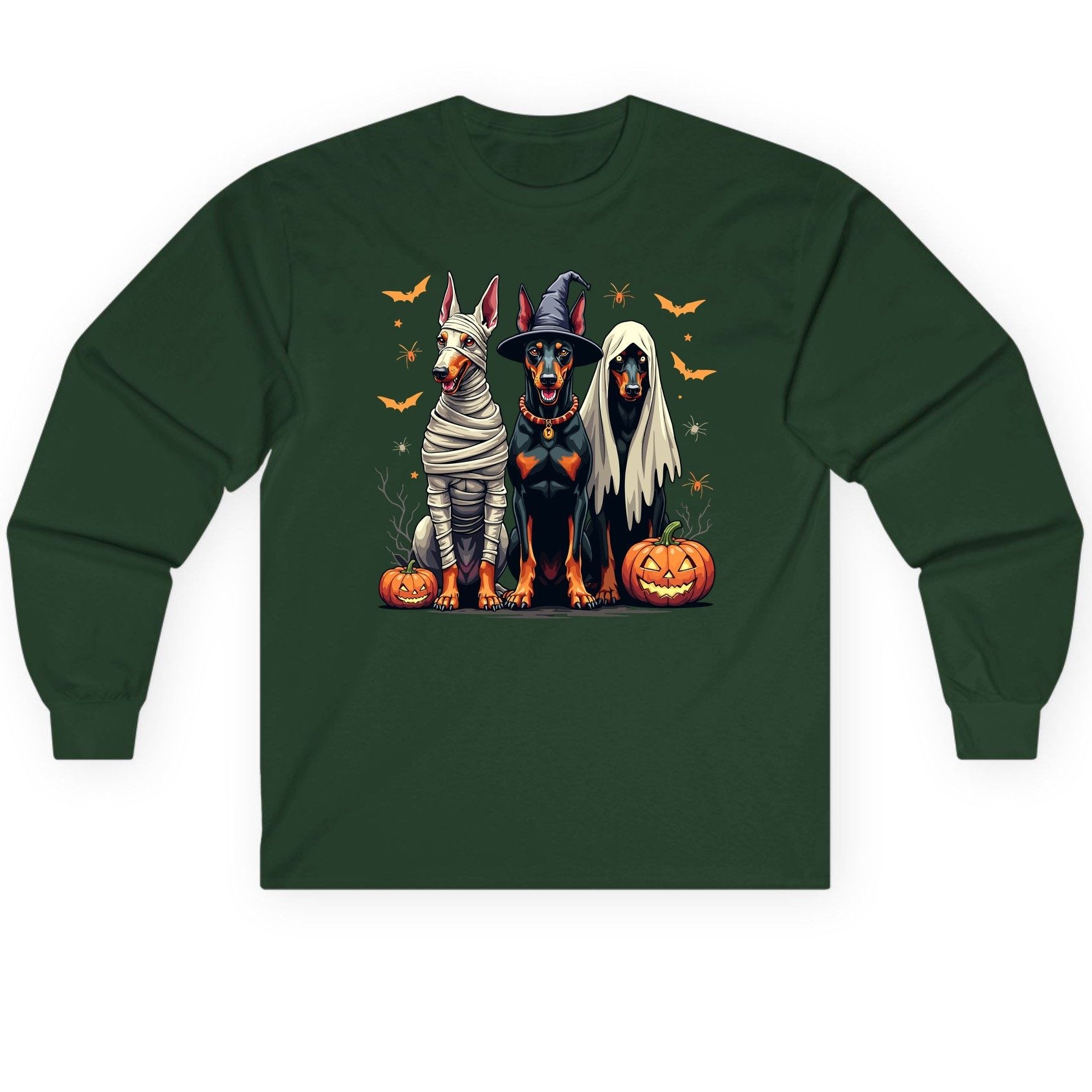 Halloween Doberman Trio doberman pinscher Long Sleeve Tee Forest Green product mockup