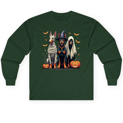 Halloween Doberman Trio doberman pinscher Long Sleeve Tee Forest Green product mockup