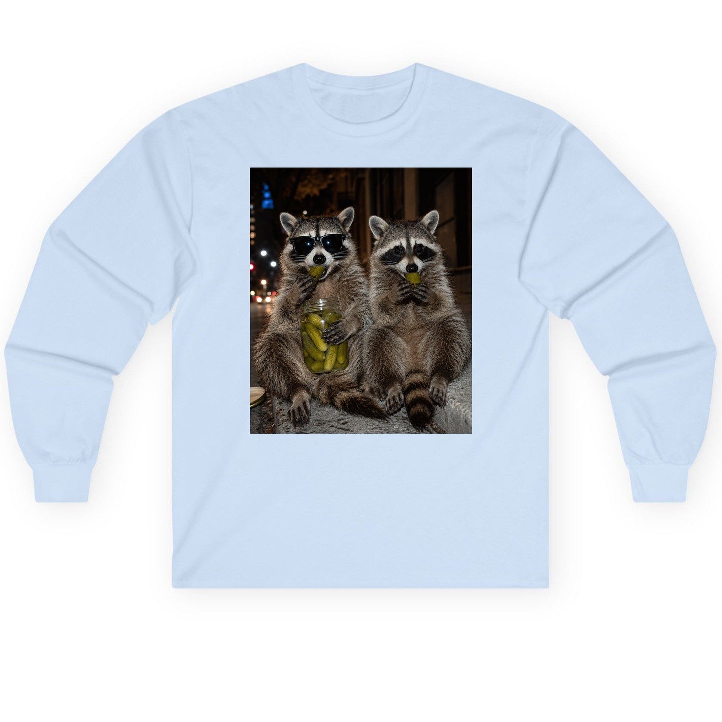 Raccoons Eating Pickles Funny Animal Lovers Long Sleeve Tee - product mockup - Light Blue