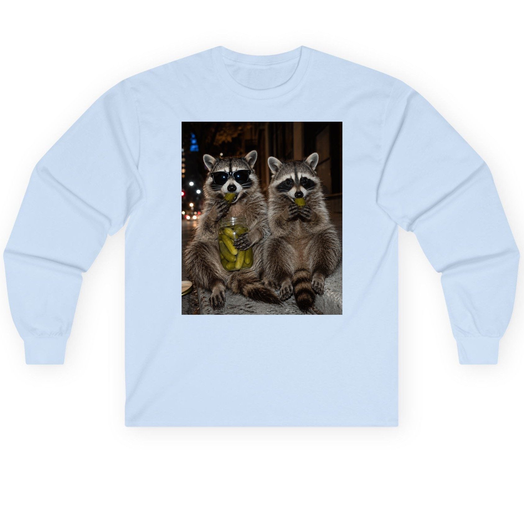Raccoons Eating Pickles Funny Animal Lovers Long Sleeve Tee - product mockup - Light Blue