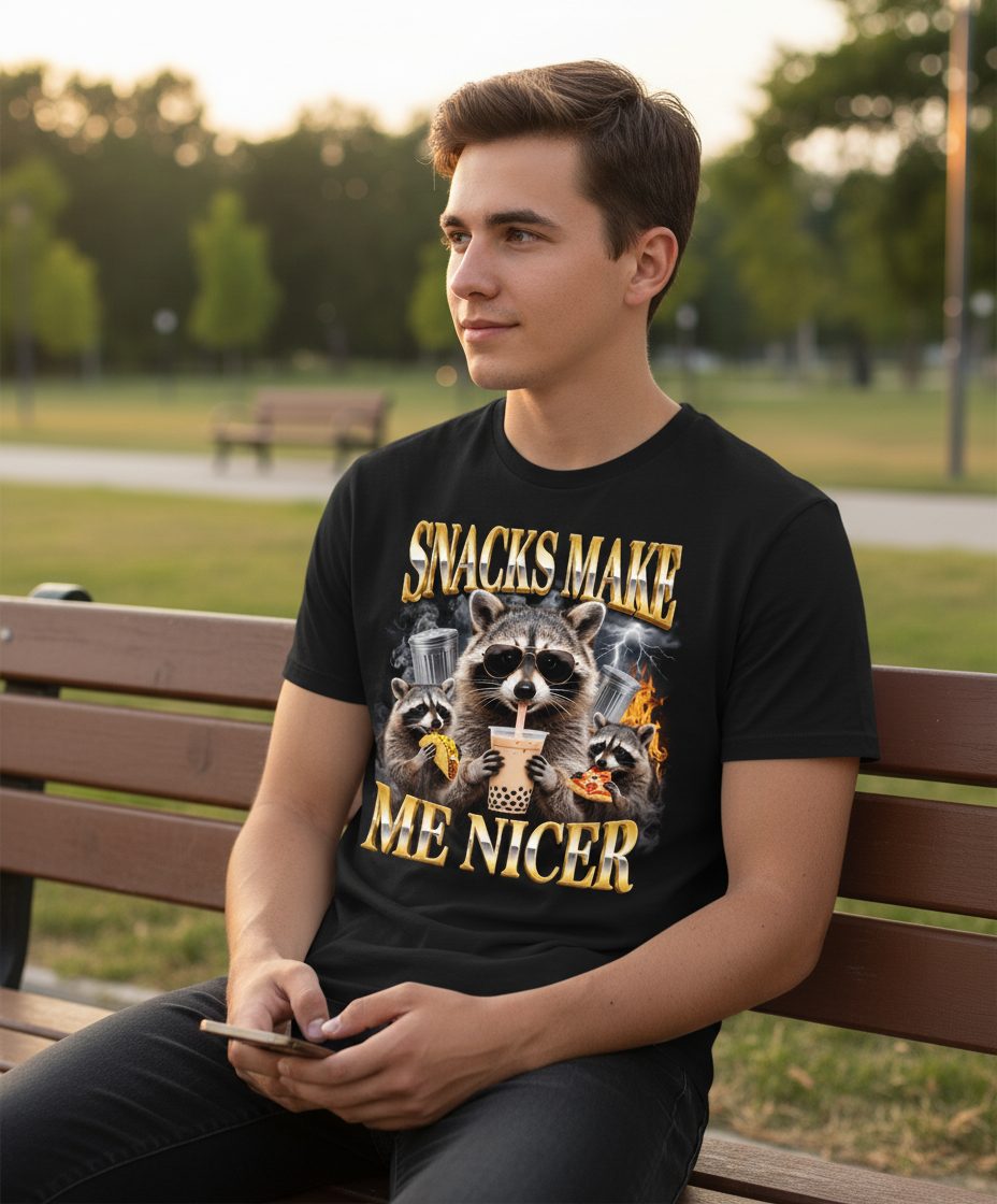 SNACKS MAKE ME NICER Funny Raccoon T-Shirt - lifestyle model mockup - Black