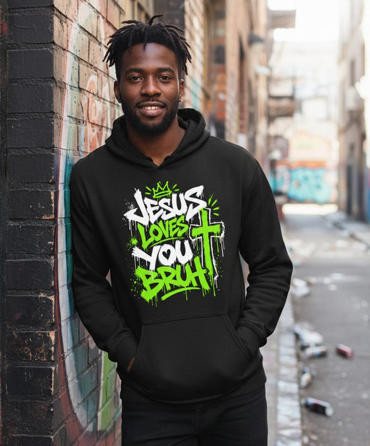 Jesus Loves You Bruh Christian Hoodie - lifestyle model mockup - Black