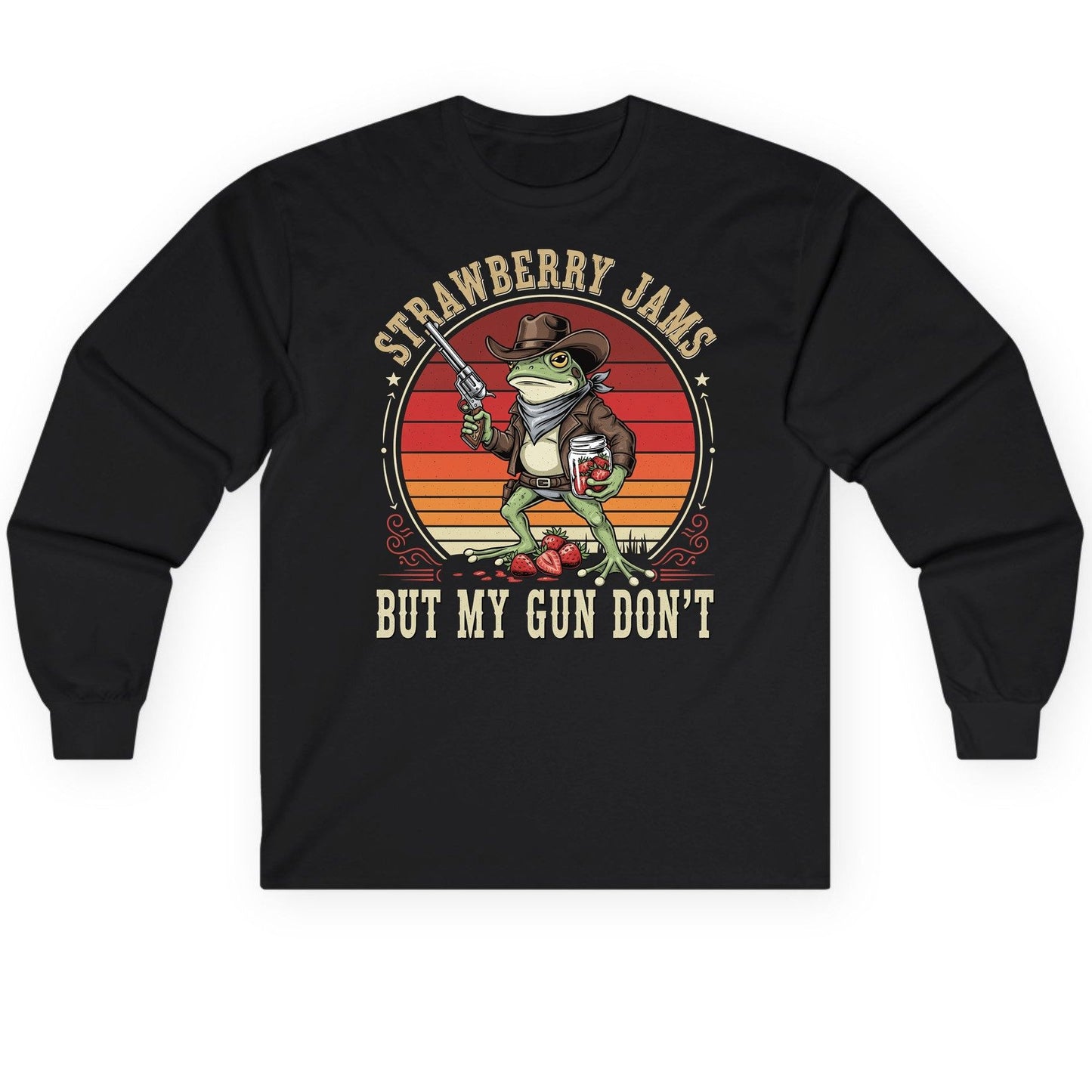 Strawberry Jams but My Gun Don't cowboy frog Long Sleeve Tee Black product mockup