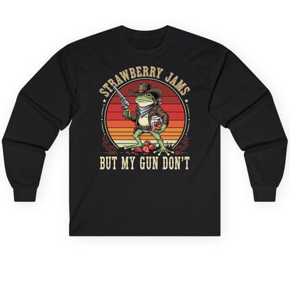 Strawberry Jams but My Gun Don't cowboy frog Long Sleeve Tee Black product mockup