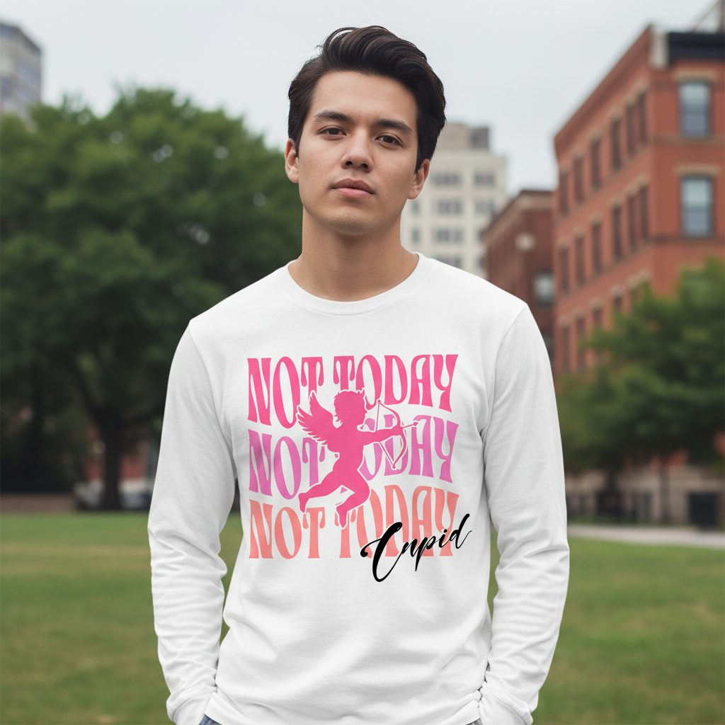 Not Today Not Today Not Today Cupid anti-Valentine's Day Long Sleeve Tee White lifestyle mockup