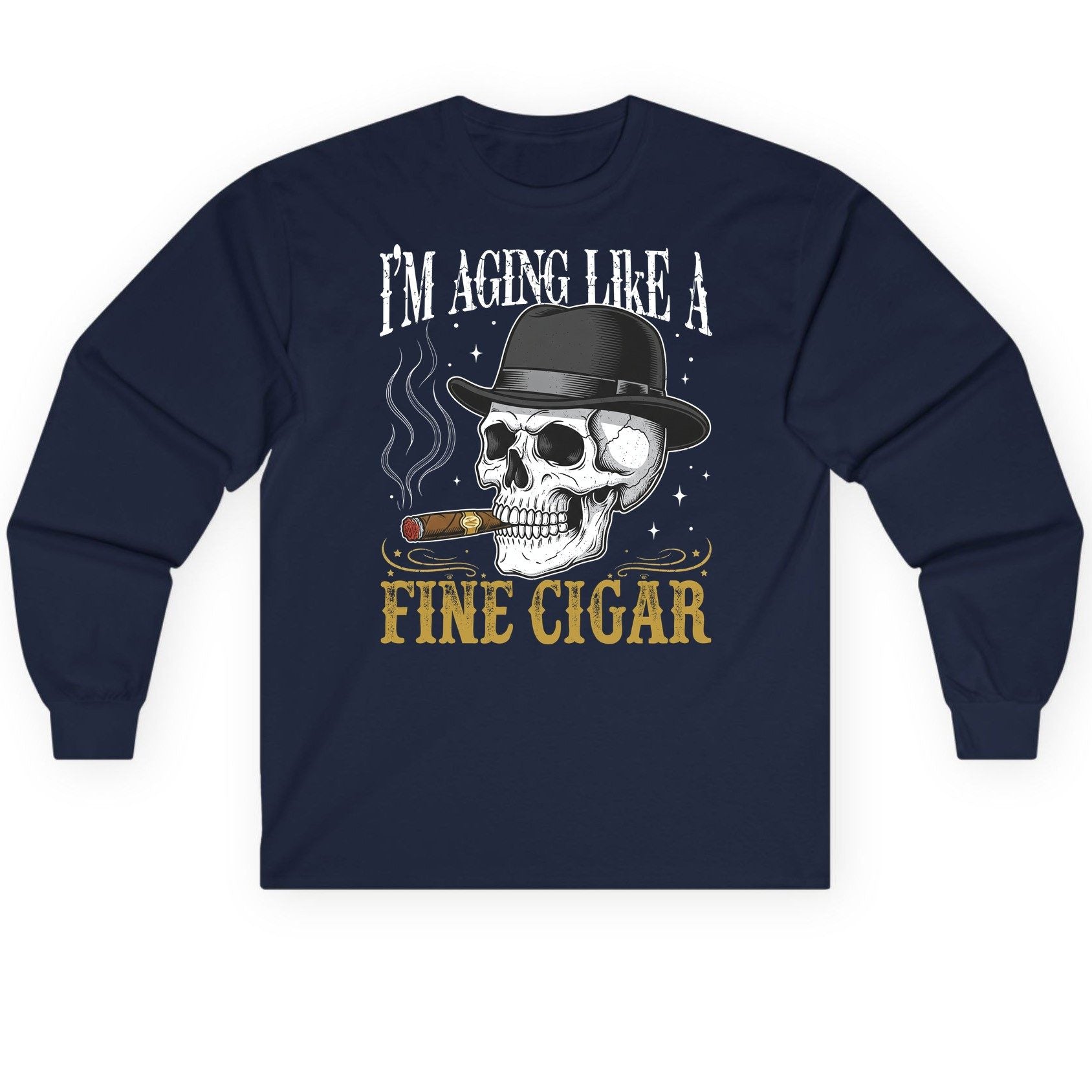 I'm Aging Like a Fine Cigar smoking skull Long Sleeve Tee Navy product mockup