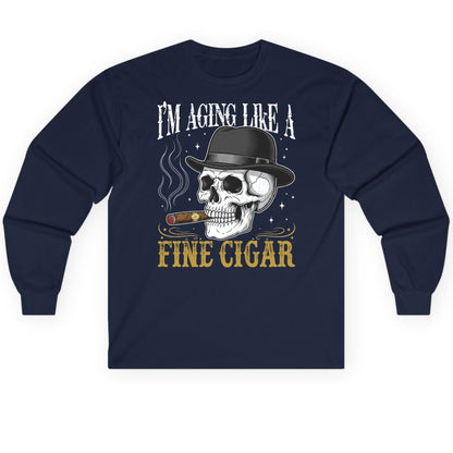 I'm Aging Like a Fine Cigar smoking skull Long Sleeve Tee Navy product mockup