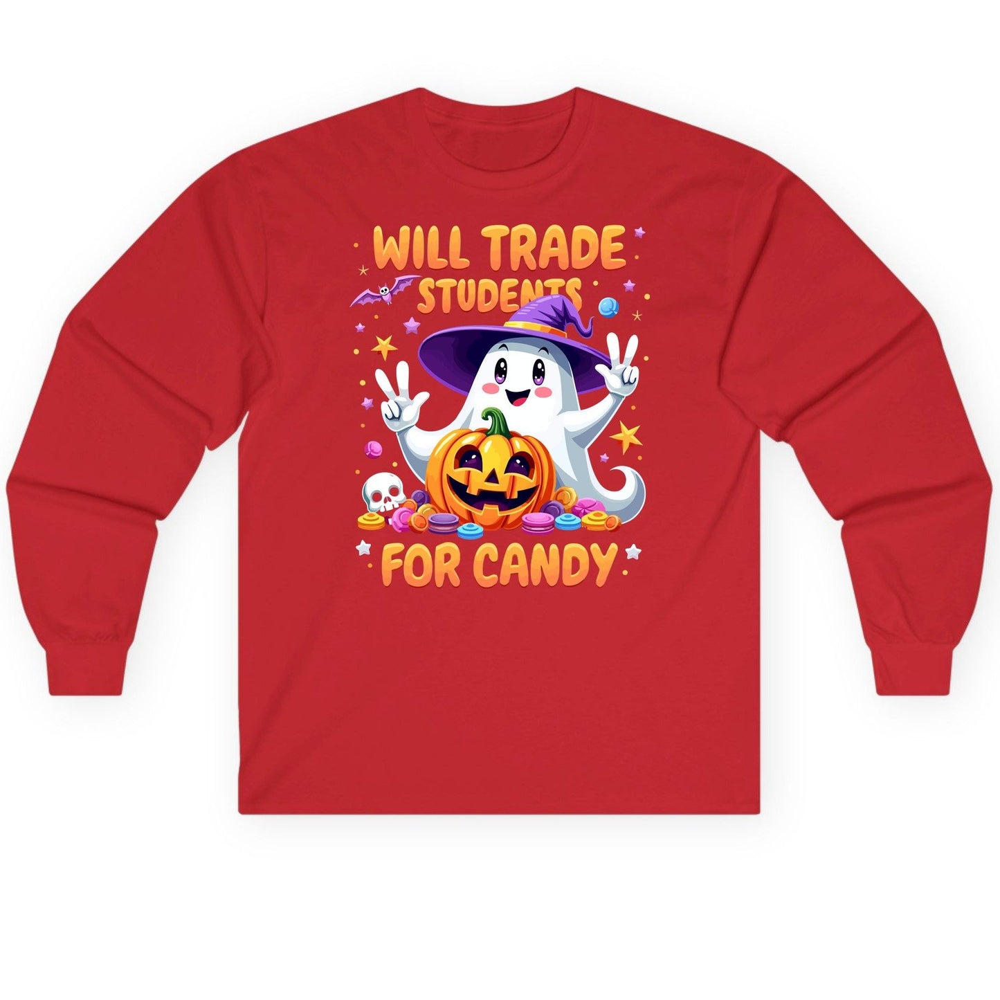 Will Trade Students for Candy teacher Halloween Long Sleeve Tee Red product mockup