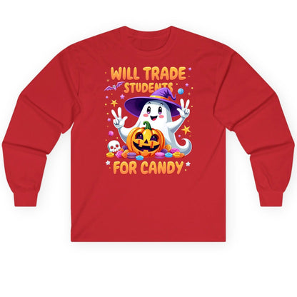 Will Trade Students for Candy teacher Halloween Long Sleeve Tee Red product mockup