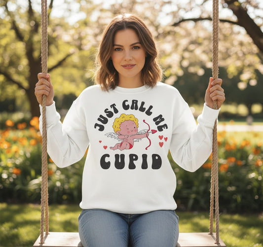 Just Call Me Cupid cupid Sweatshirt White lifestyle mockup