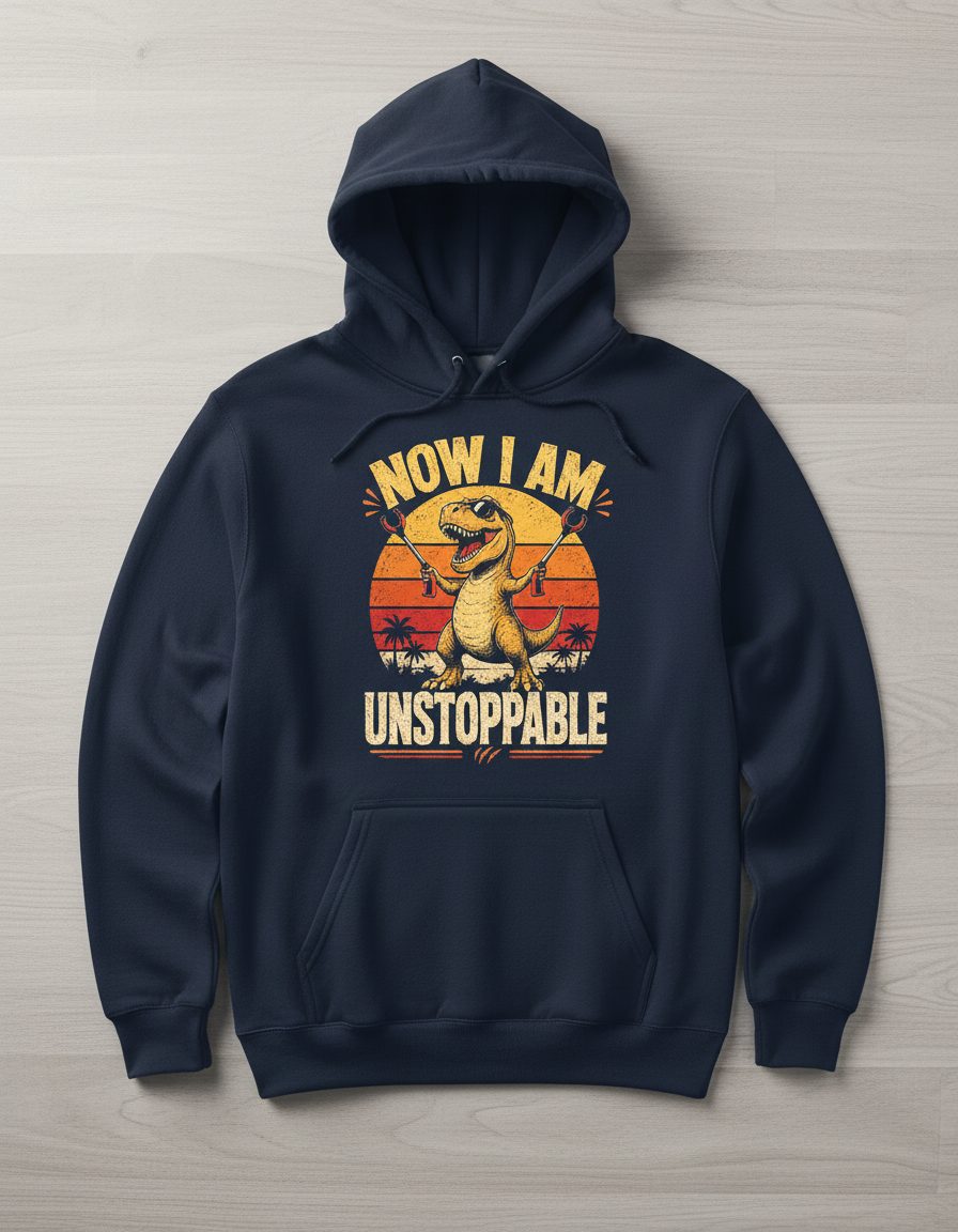 Now I Am Unstoppable Funny T-Rex Hoodie - product mockup - Navy