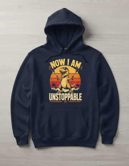 Now I Am Unstoppable Funny T-Rex Hoodie - product mockup - Navy