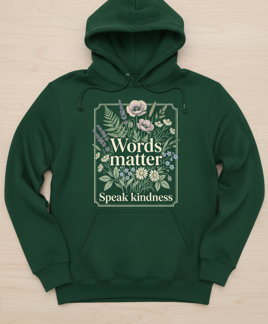 Words Matter Speak Kindness Botanical Floral Illustration Hoodie - Forest Green