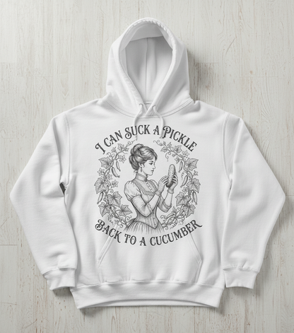 Vintage Victorian "I Can Suck a Pickle Back to a Cucumber" Design Hoodie - White