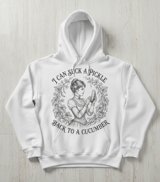 Vintage Victorian "I Can Suck a Pickle Back to a Cucumber" Design Hoodie - White