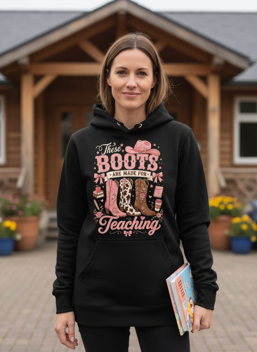 These Boots Are Made for Teaching Teacher Hoodie - lifestyle model mockup - Black
