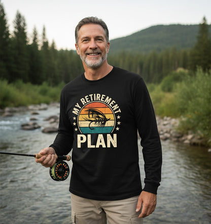 My Retirement Plan fly fishing Long Sleeve Tee Black lifestyle mockup