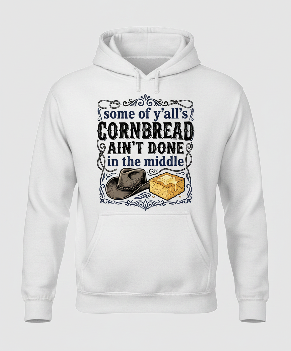 Cornbread Ain't Done In The Middle Funny Southern Quote Hoodie - White