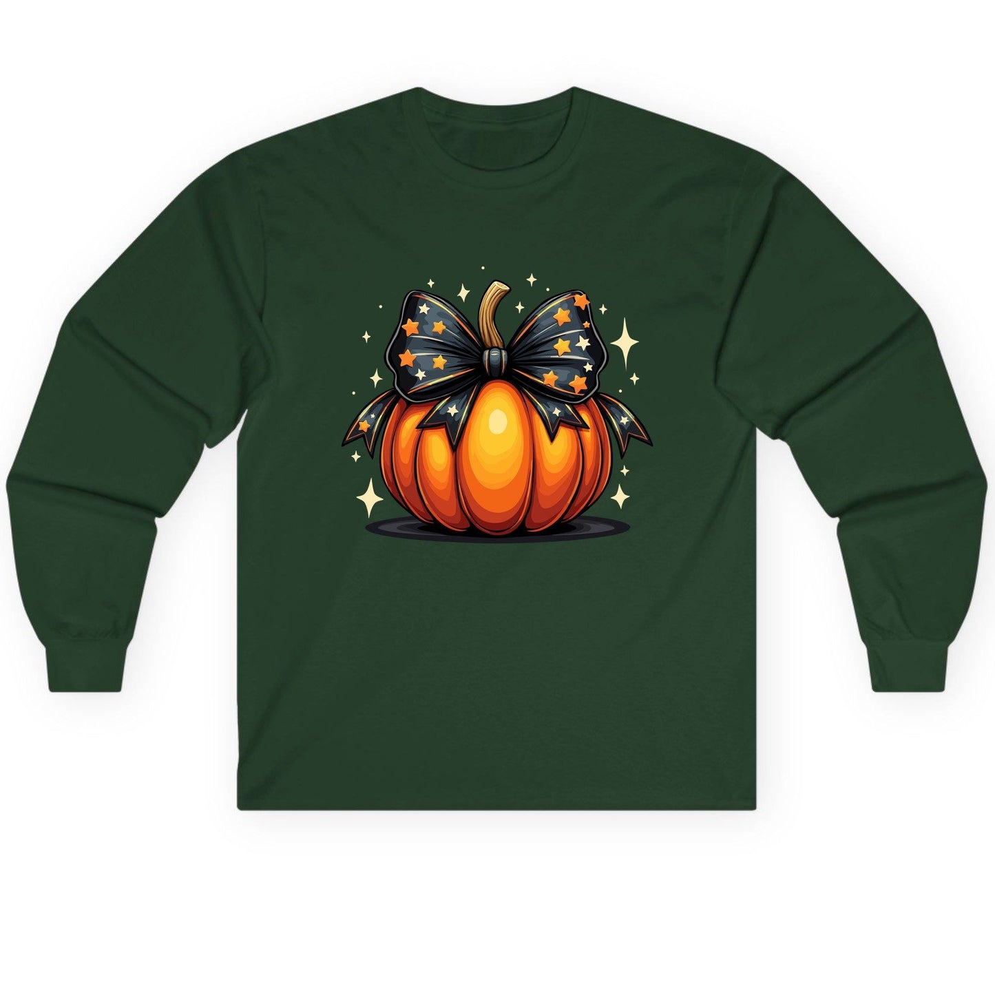 Starry Bow Pumpkin Halloween pumpkin Long Sleeve Tee Forest Green product mockup