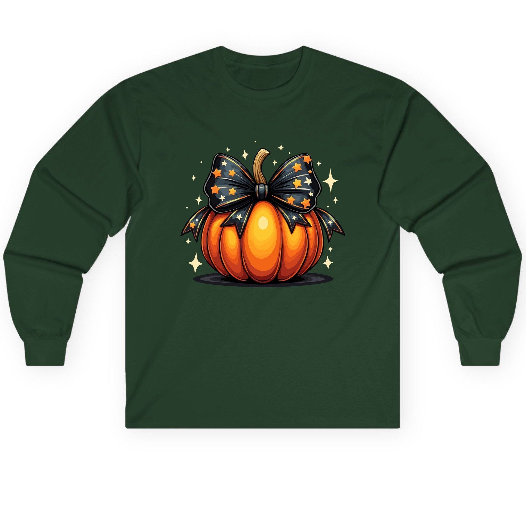 Starry Bow Pumpkin Halloween pumpkin Long Sleeve Tee Forest Green product mockup