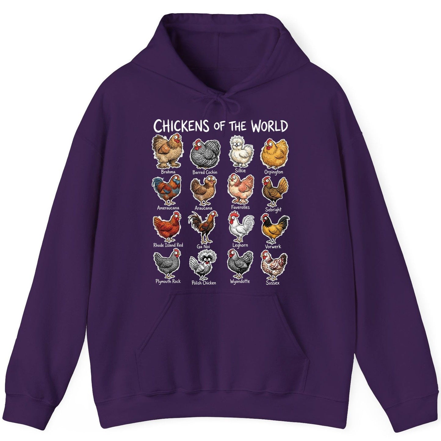 Chickens of the World chicken breeds Hoodie Purple product mockup