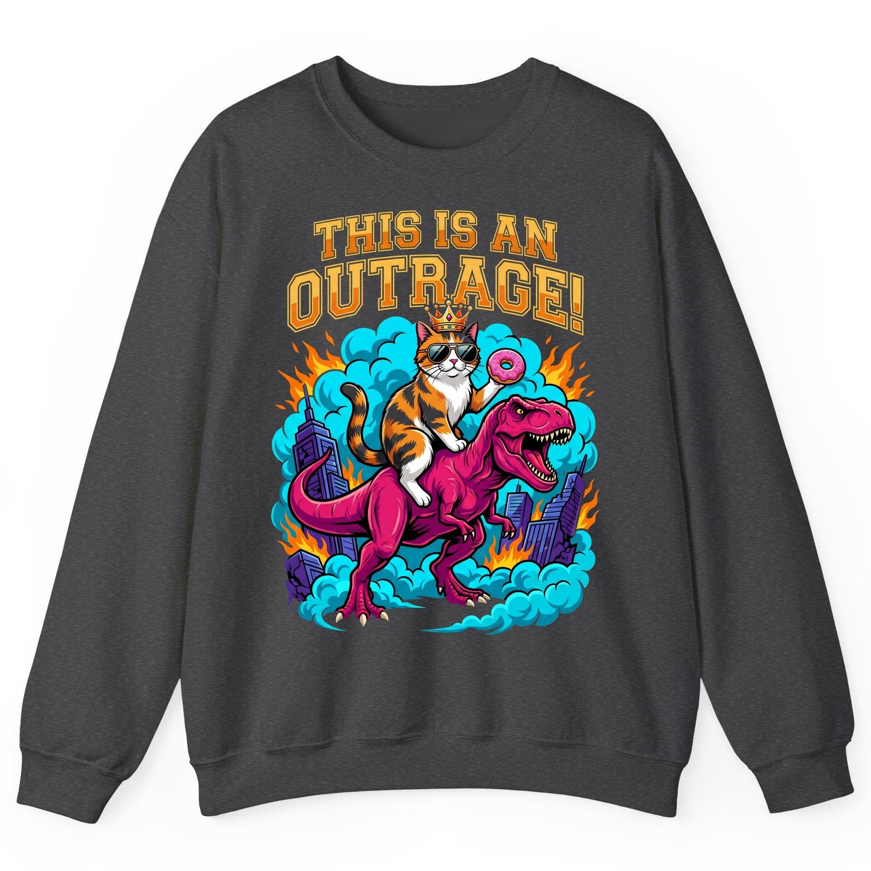 THIS IS AN OUTRAGE! Cat riding a T-Rex Sweatshirt Dark Heather product mockup