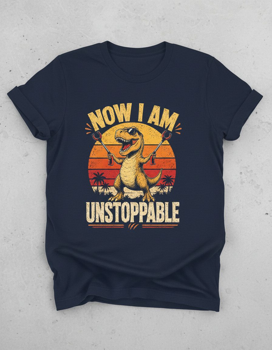 Now I Am Unstoppable Funny T-Rex T-Shirt - product mockup - Navy