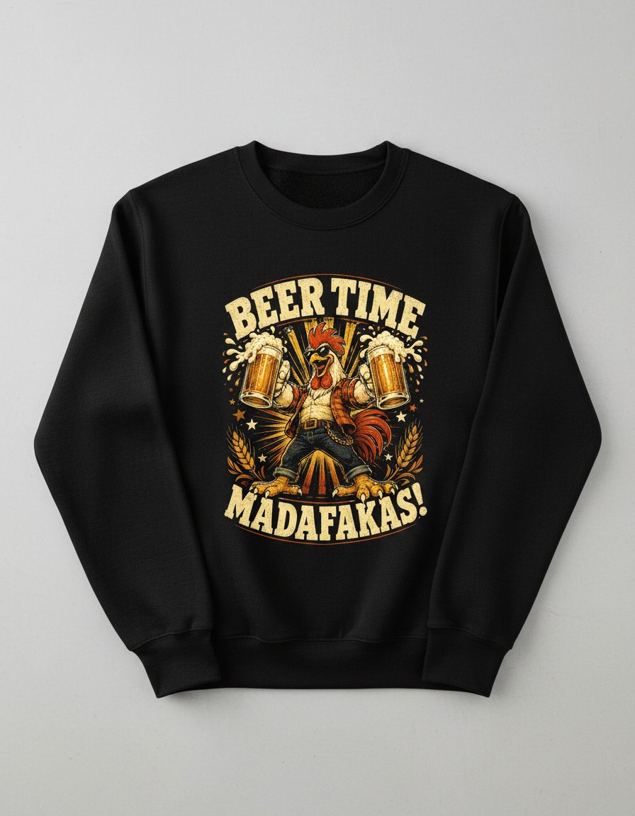 Beer Time Madafakas Funny Rooster Sweatshirt - product mockup - Black