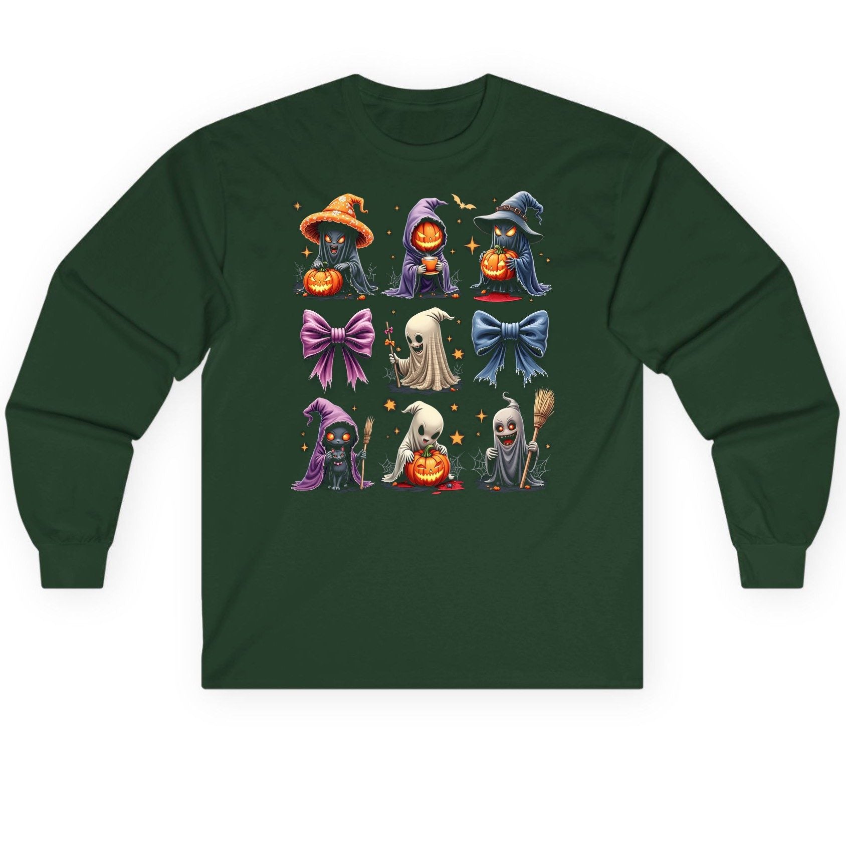 Spooky Cute Halloween Characters Halloween characters Long Sleeve Tee Forest Green product mockup