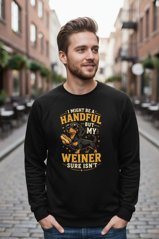I Might Be a Handful but My Weiner Sure Isn't dachshund Sweatshirt Black lifestyle mockup