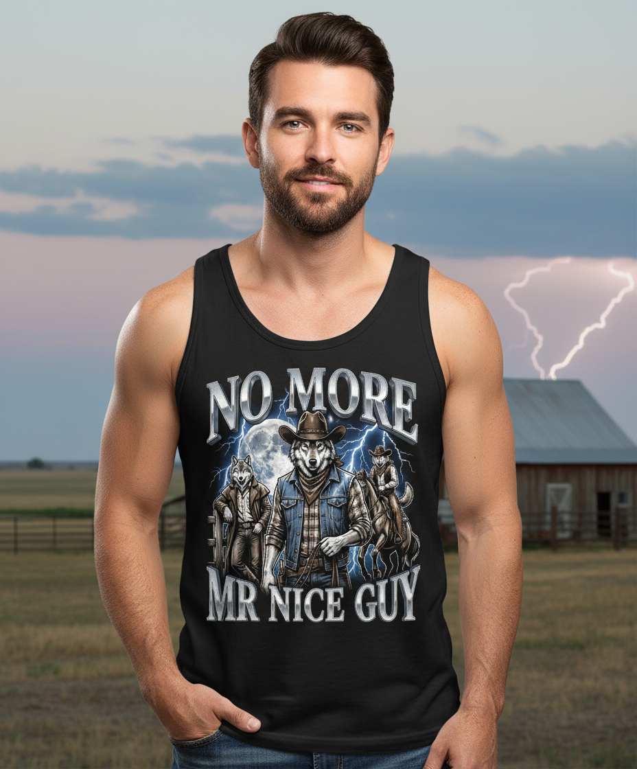 No More Mr Nice Guy Cowboy Wolf Tank Top - lifestyle model mockup - Black
