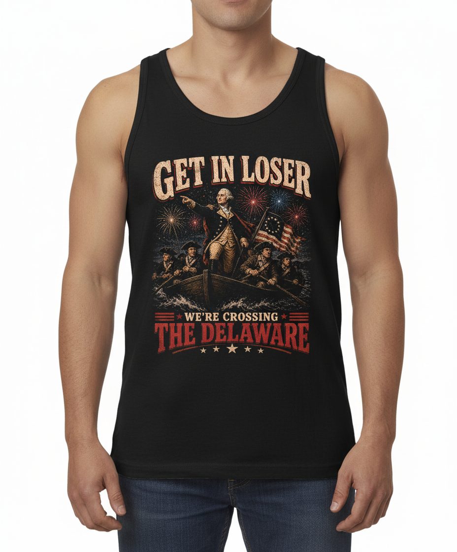 GET IN LOSER WE'RE Crossing THE Delaware Tank Top - product mockup - Black