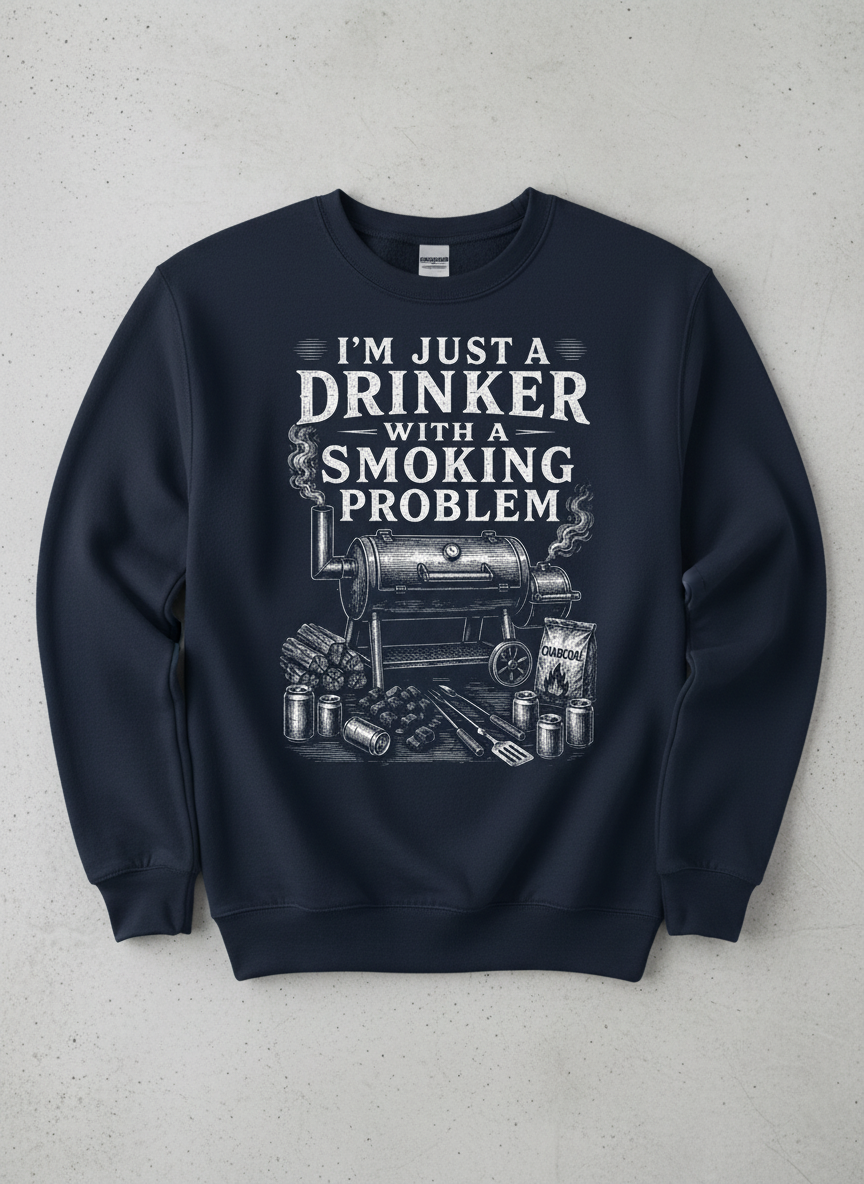 I'M JUST A DRINKER WITH A SMOKING PROBLEM Funny Drinker With A Smoking Problem BBQ Sweatshirt - product mockup - Navy