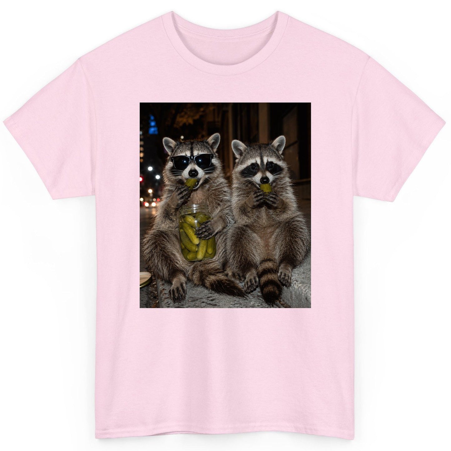 Raccoons Eating Pickles Funny Animal Lovers T-Shirt - product mockup - Light Pink