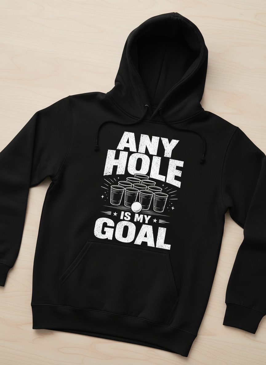 Any Hole Is My Goal Funny Beer Pong Hoodie - product mockup - Black