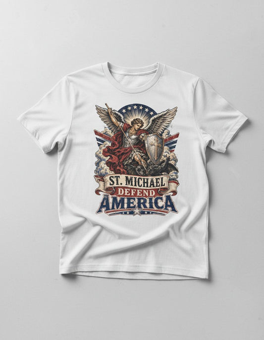 St Michael Defend America Vintage Patriotic Christian T-Shirt - product mockup - White