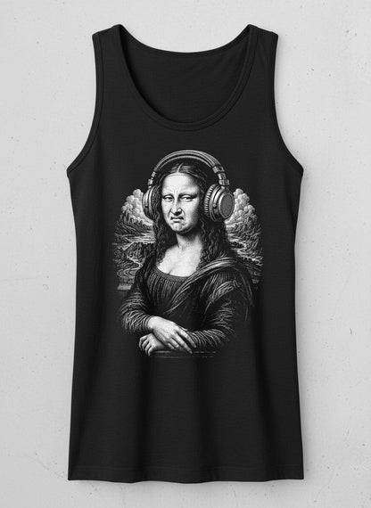 Disgusted Mona Lisa Headphones Funny Art Parody Tank Top - product mockup - Black