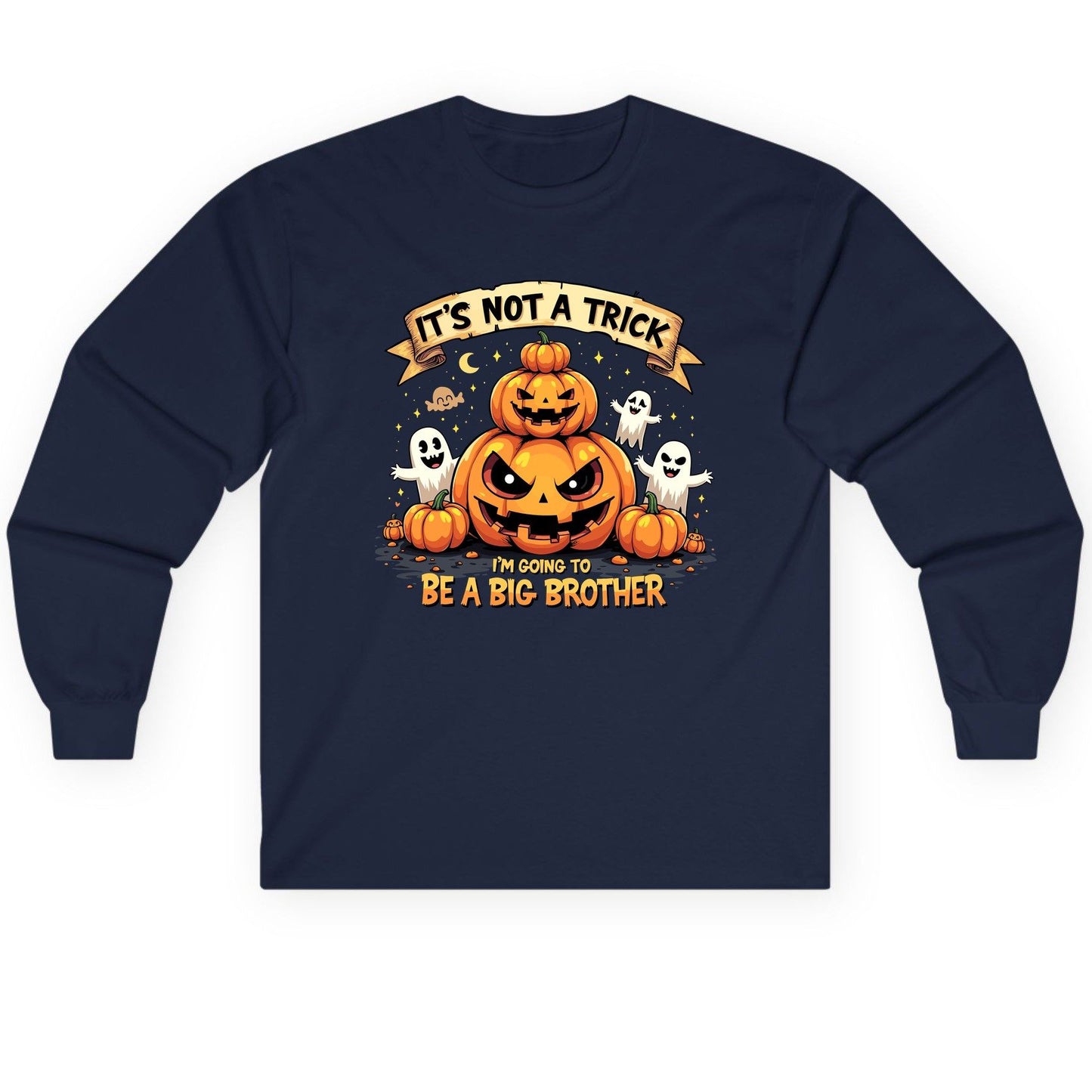 It's Not a Trick I'm Going to Be a Big Brother Halloween pregnancy announcement Long Sleeve Tee Navy product mockup