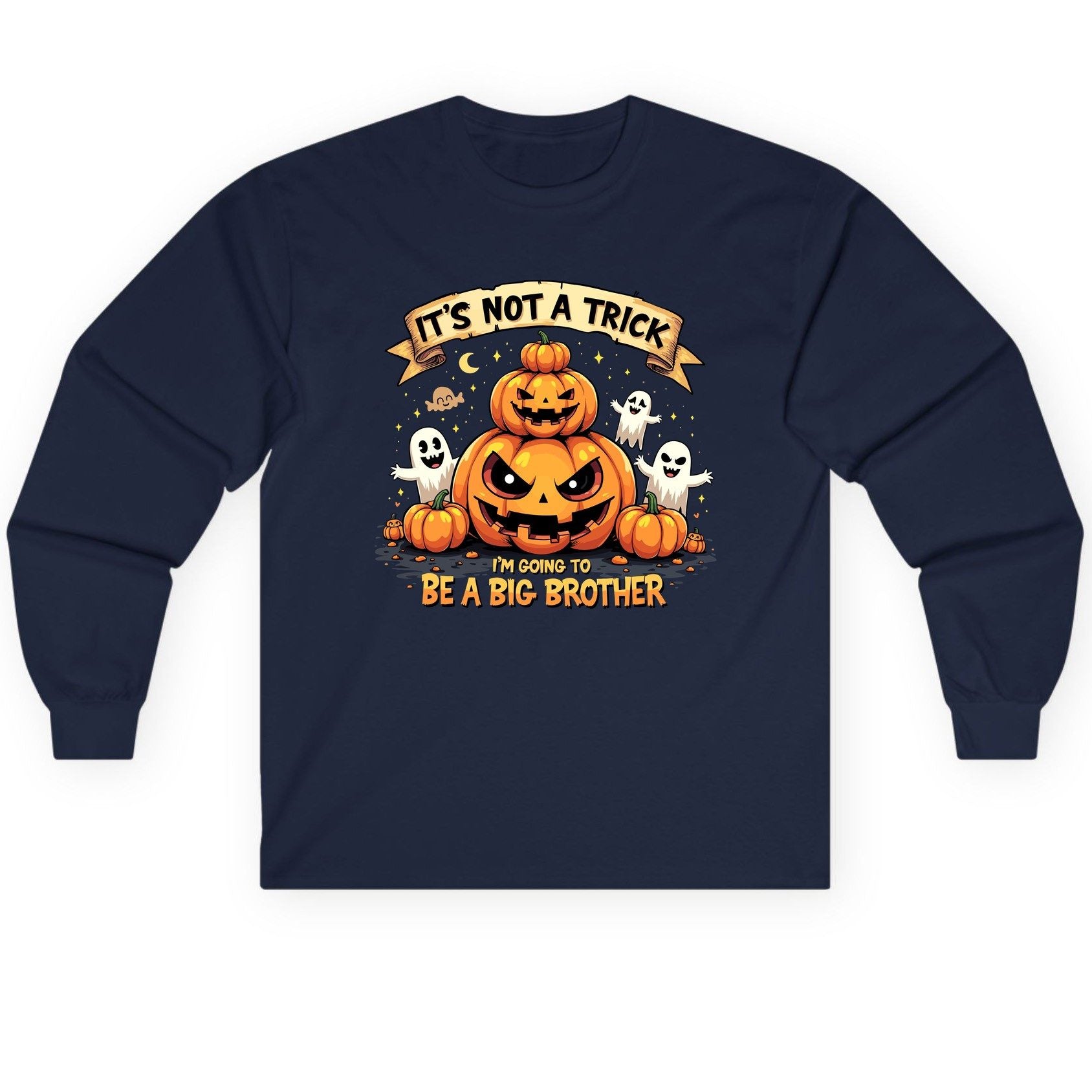 It's Not a Trick I'm Going to Be a Big Brother Halloween pregnancy announcement Long Sleeve Tee Navy product mockup