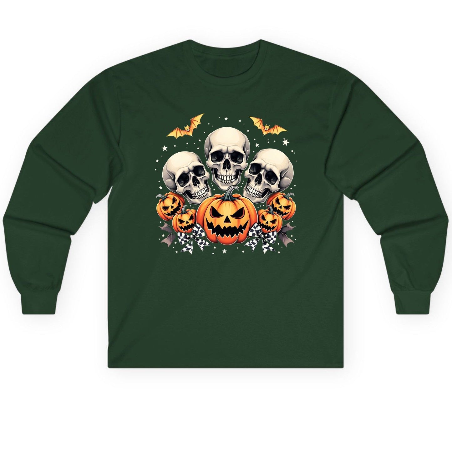 Skulls and Pumpkins Halloween Halloween Long Sleeve Tee Forest Green product mockup