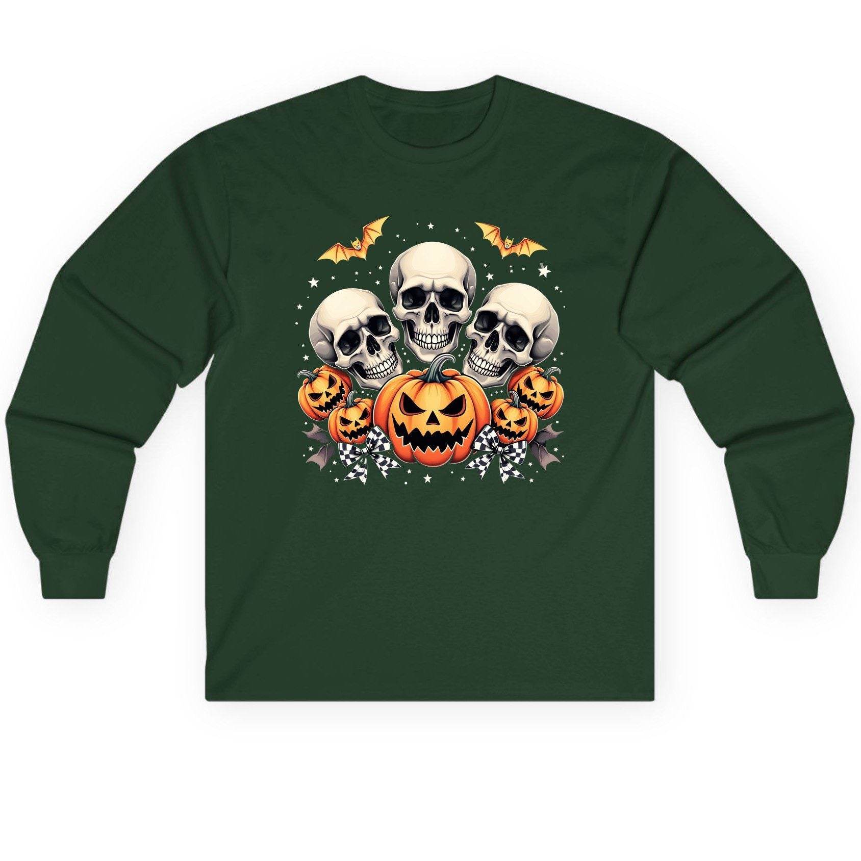 Skulls and Pumpkins Halloween Halloween Long Sleeve Tee Forest Green product mockup