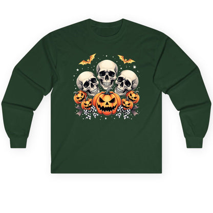 Skulls and Pumpkins Halloween Halloween Long Sleeve Tee Forest Green product mockup