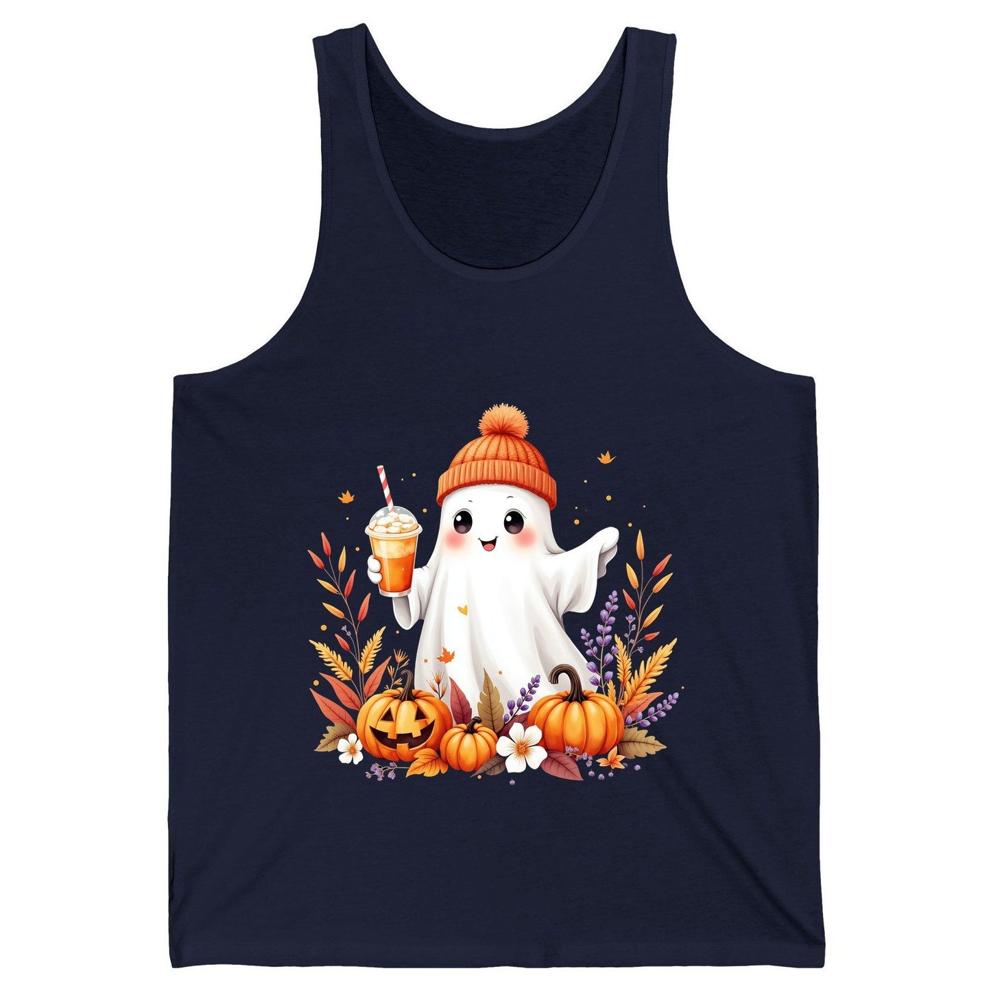 Cute Ghost Pumpkin Spice Latte cute Halloween ghost Tank Top Navy product mockup