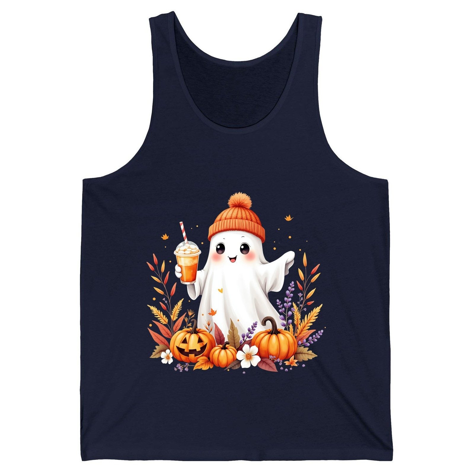 Cute Ghost Pumpkin Spice Latte cute Halloween ghost Tank Top Navy product mockup