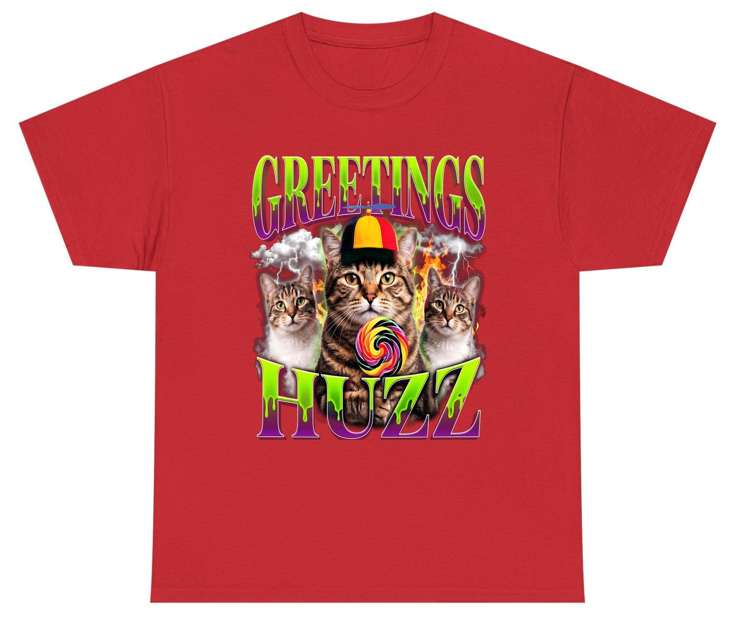 Greetings HUZZ Funny Cat Youth T-Shirt - product mockup - Red