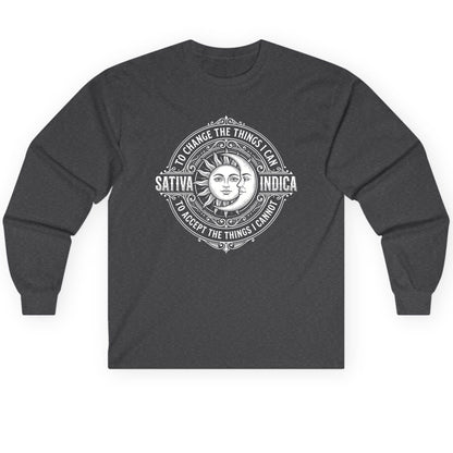 Sativa to Change the Things I Can Indica to Accept Long Sleeve Tee - product mockup - Dark Heather