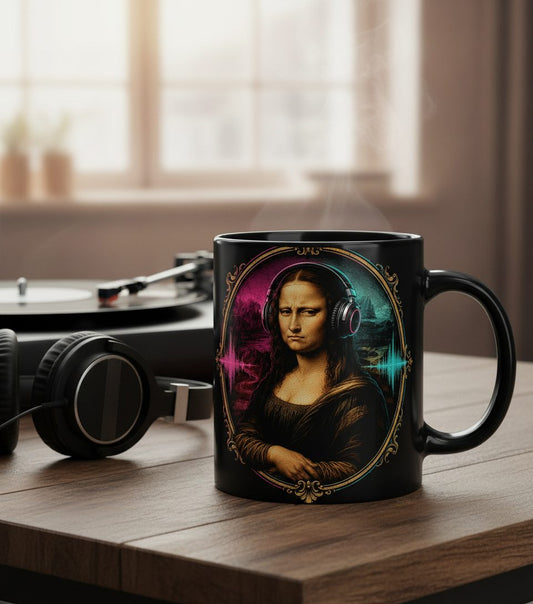Dj Mona Lisa Art Parody Funny Lovers Black Mug - product mockup - Black