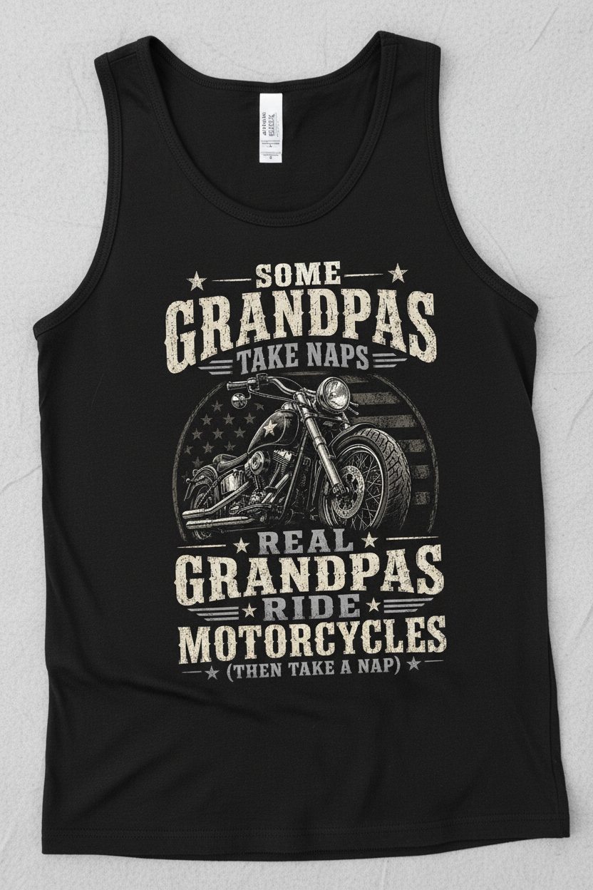 Some Grandpas Take Naps Real Grandpas Ride Motorcycles (then Take a Nap) Funny Detailed Illustration of Classic Motorcycle with Distressed Texture in the Background Is Subtle Weathered American Flag Pattern Stars and Stripes Tank Top - product mockup - Black