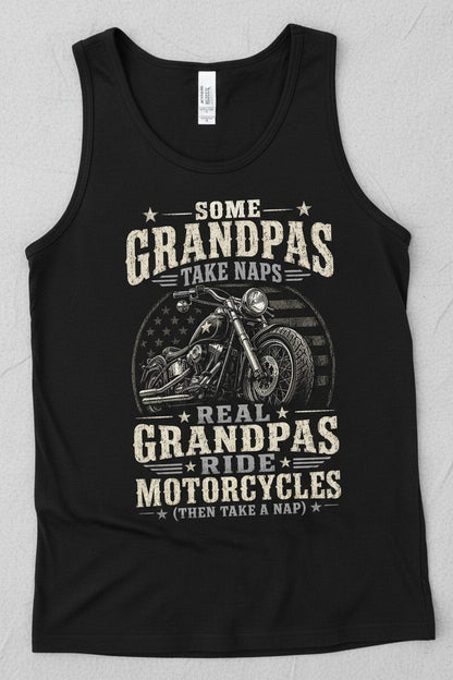 Some Grandpas Take Naps Real Grandpas Ride Motorcycles (then Take a Nap) Funny Detailed Illustration of Classic Motorcycle with Distressed Texture in the Background Is Subtle Weathered American Flag Pattern Stars and Stripes Tank Top - product mockup - Black
