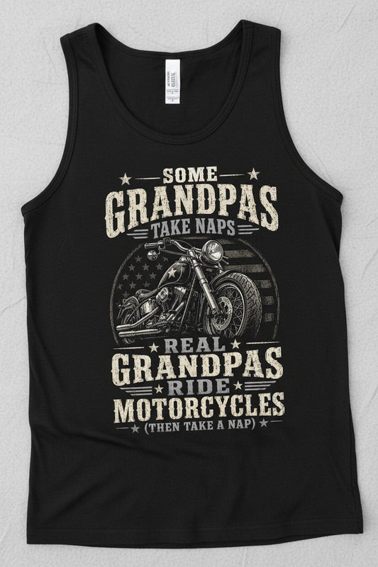 Some Grandpas Take Naps Real Grandpas Ride Motorcycles (then Take a Nap) Funny Detailed Illustration of Classic Motorcycle with Distressed Texture in the Background Is Subtle Weathered American Flag Pattern Stars and Stripes Tank Top - product mockup - Black